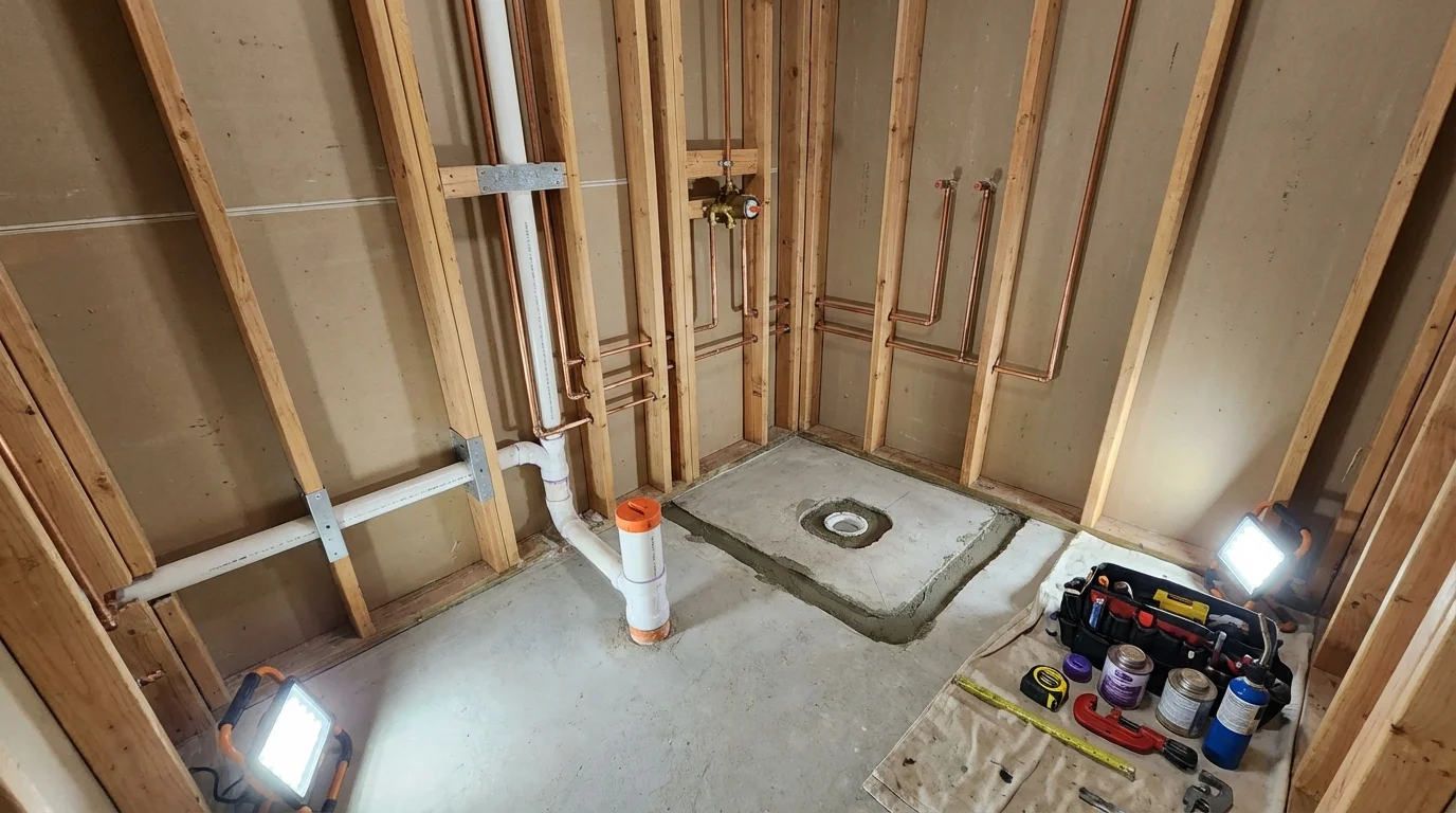 Bathroom rough-in plumbing during remodel by Johns Plumbing LLC in Weslaco