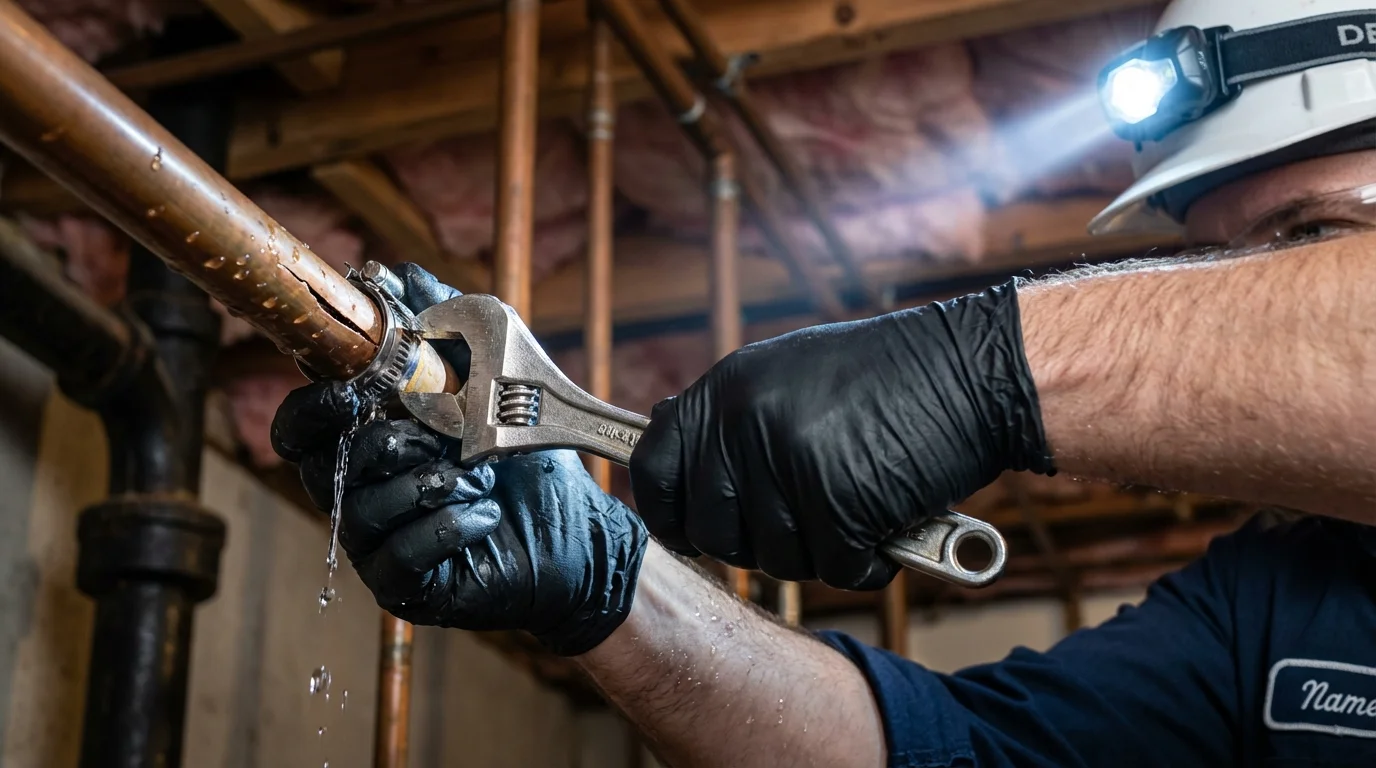Emergency pipe clamp repair being performed by a Johns Plumbing LLC plumber in Weslaco