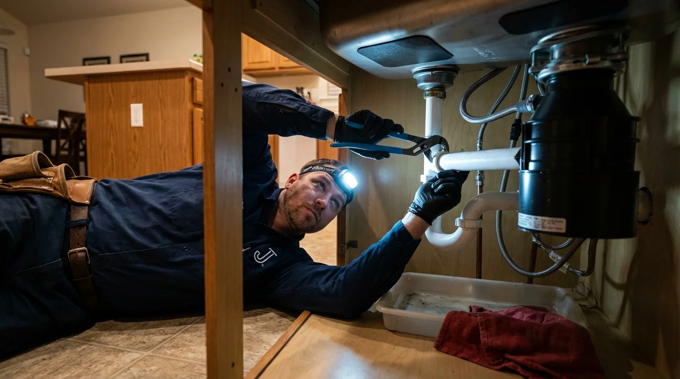 P-trap and supply line connections under a kitchen sink showing a common leak point in Weslaco, TX